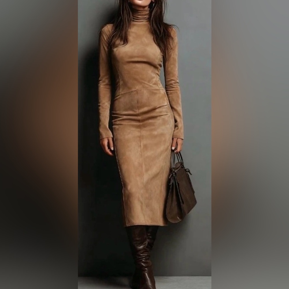 Elegant Tan Long Sleeve Dress